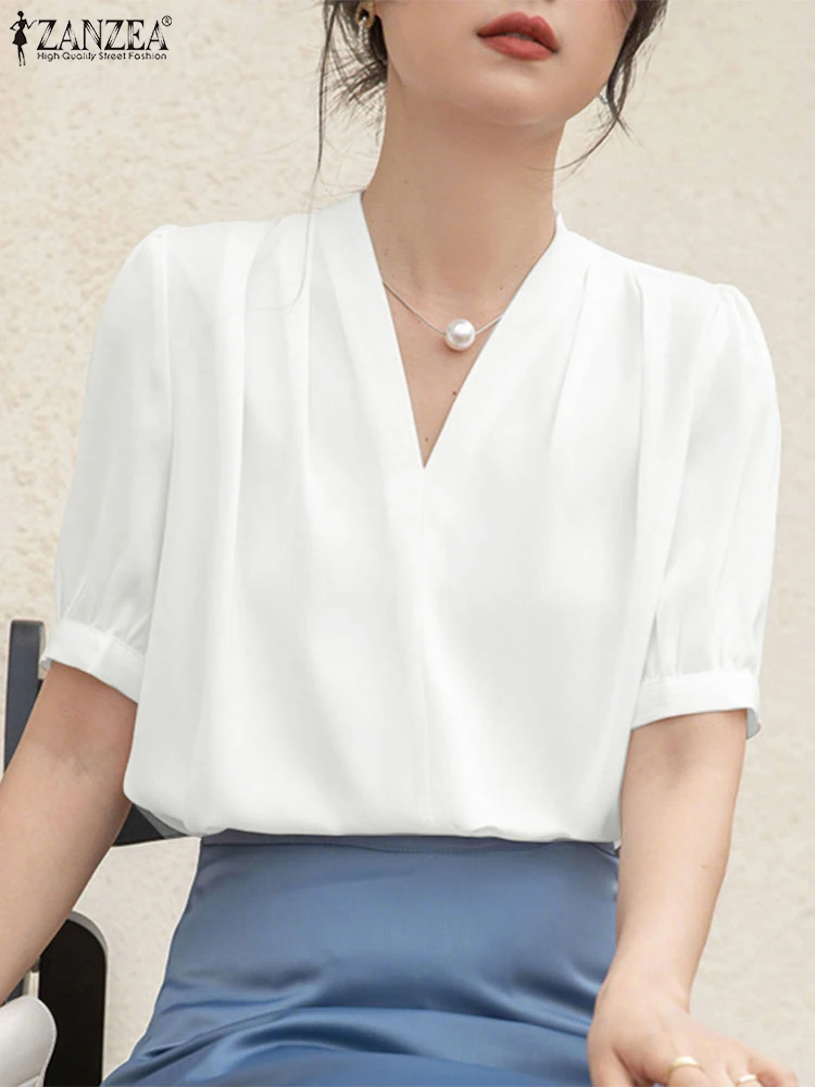 

ZANZEA 2025: элегантные офисные атласные блузки с v-образным вырезом и короткими рукавами, женские летние топы-туники, стильная однотонная рабочая рубашка OL, повседневные блузки