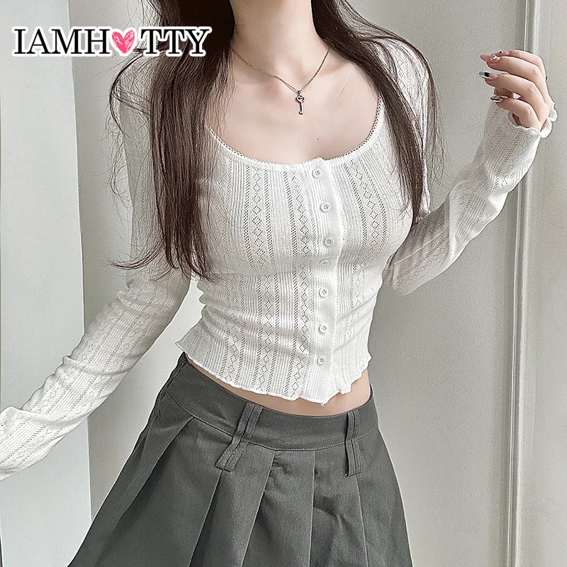 IAMHOTTY Cute Jacquard Knitted Top Japanese Style Hook Floral Hollow Knitwear Button-up Square Collar T-shirts Y2K Aesthetic Tee