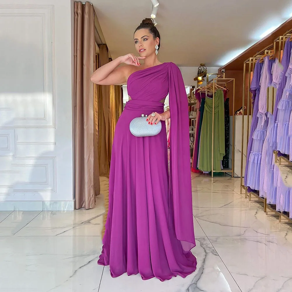 

Msikoods Purple Chiffon Formal Evening Dresses With Sleeves Pleat One Shoulder Prom Dress Arabia Dubai Celebrity Gowns 2023