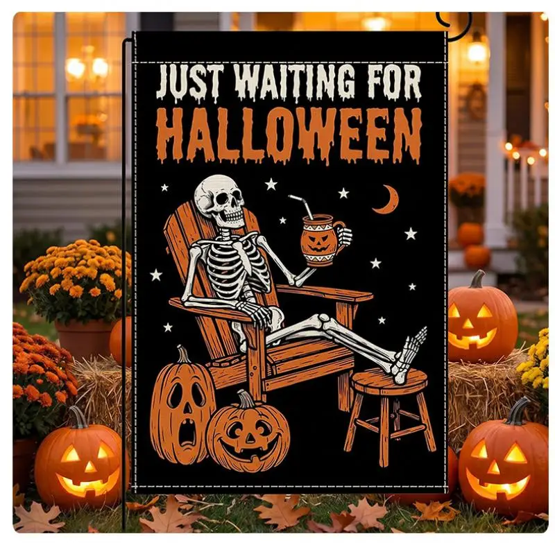 2 Stück Halloween Dekorative Gartenflagge mit Skelettkopf-Kürbis-Muster Gartenflaggen für Feiertage Outdoor Gartendekoration Flaggen 30x45cm – Detail 2