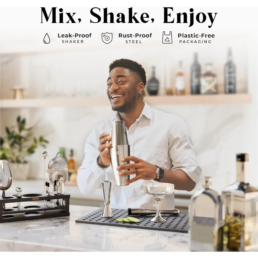 مجموعة أدوات النادل |   طقم شاكر كوكتيل مكون من 14 قطعة |   أدوات خلط برواري مارتيني |   (28 أونصة بوسطن شاكر، فضي/أسود)