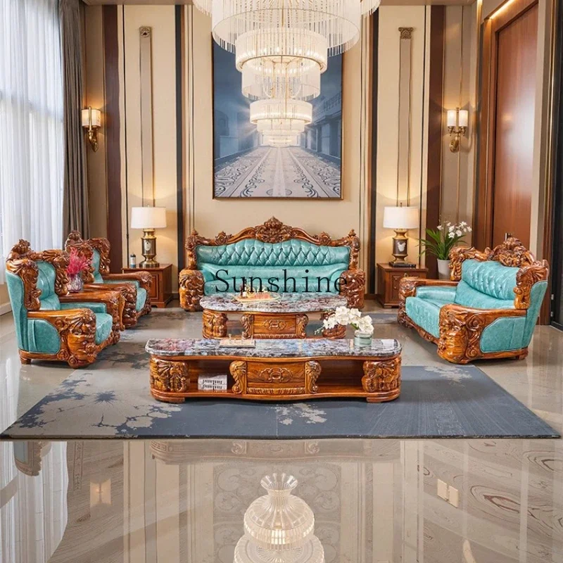 European large apartment living room villa large flat ebony leather sofa combination  FT