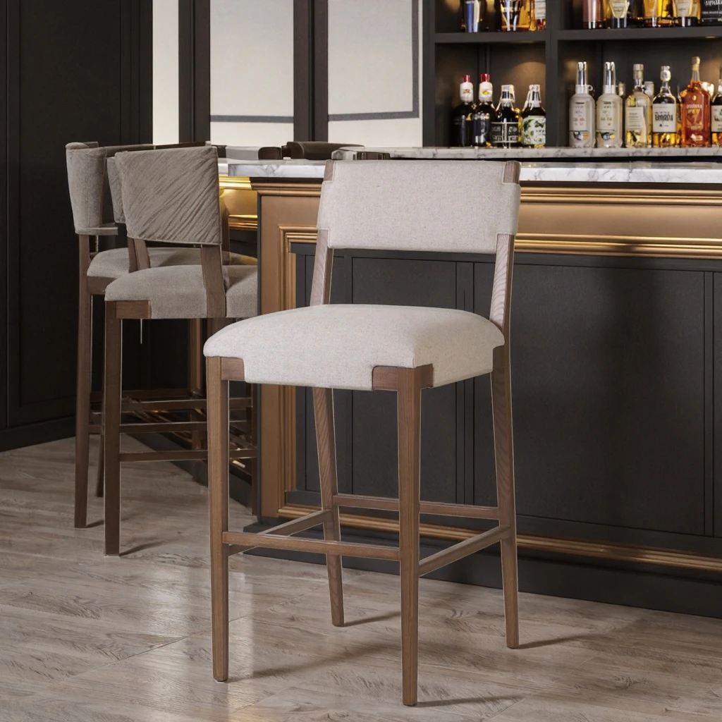 

#！ Nordic Retro Solid Wood Bar Stool Modern Fabric Durable for Commercial Bars Dining Hotels Apartments Coffee Shops Home Use