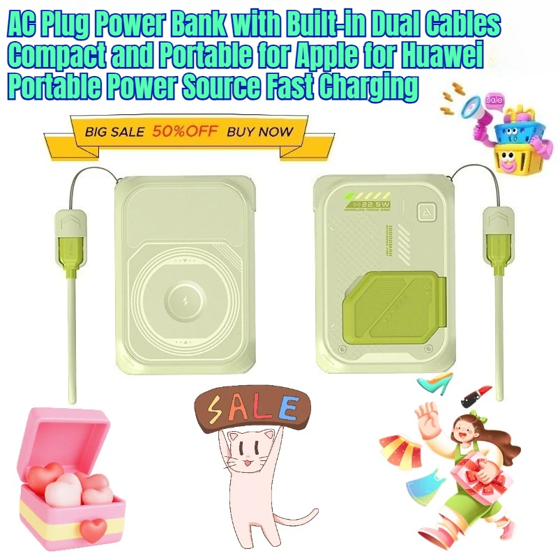 

AC Plug Power Bank with Built-in Dual Cables Compact and Portable for Apple for Huawei Portable Power Source Fast Charging