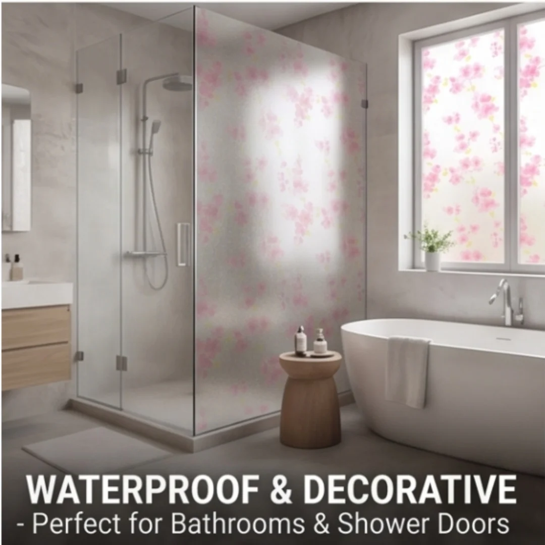 Self‑Adhesive Pink Cherry Blossom Window Film Frosted Privacy Glass Sticker Anti‑UV Waterproof for Bathroom Bedroom Office Showe