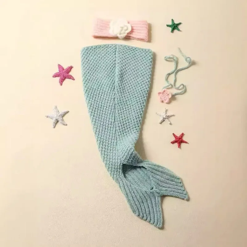 Newborn Mermaid Photography Costume Prop Knitted Mermaid Sleeping Bag Strapless Headband Three Piece Set Newborn Photography