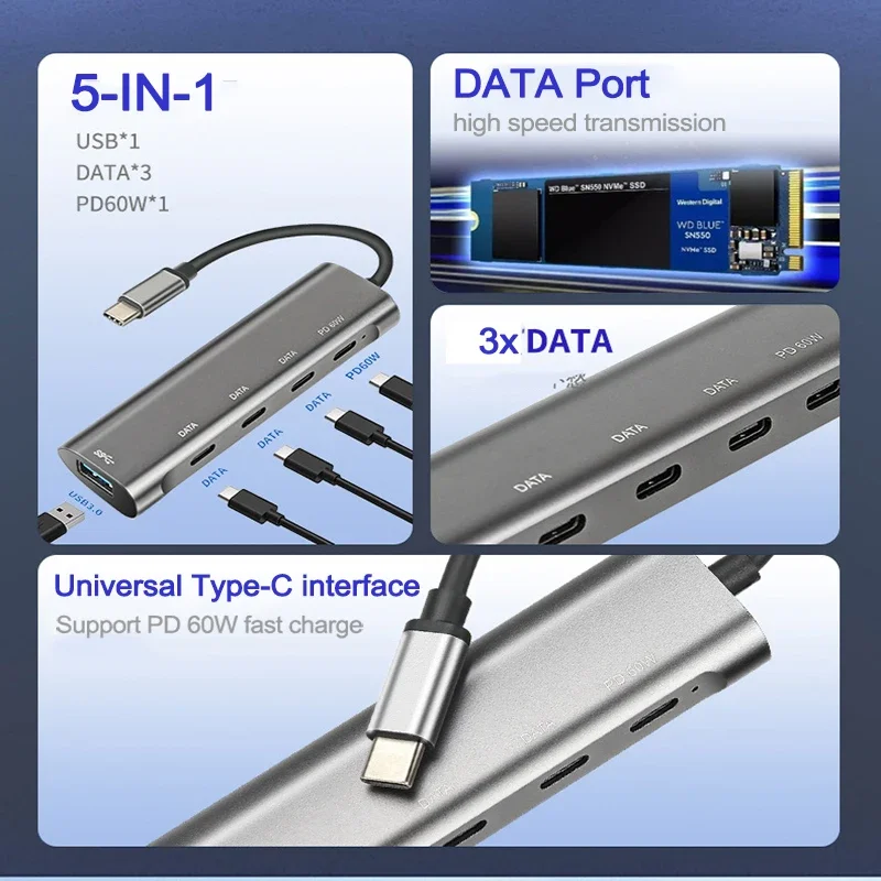 HUB USB C  5 ports type c to 3.0 PD 60W  USB C 2.0 Multiport Adapter for  Laptop Splitters 5 in 1