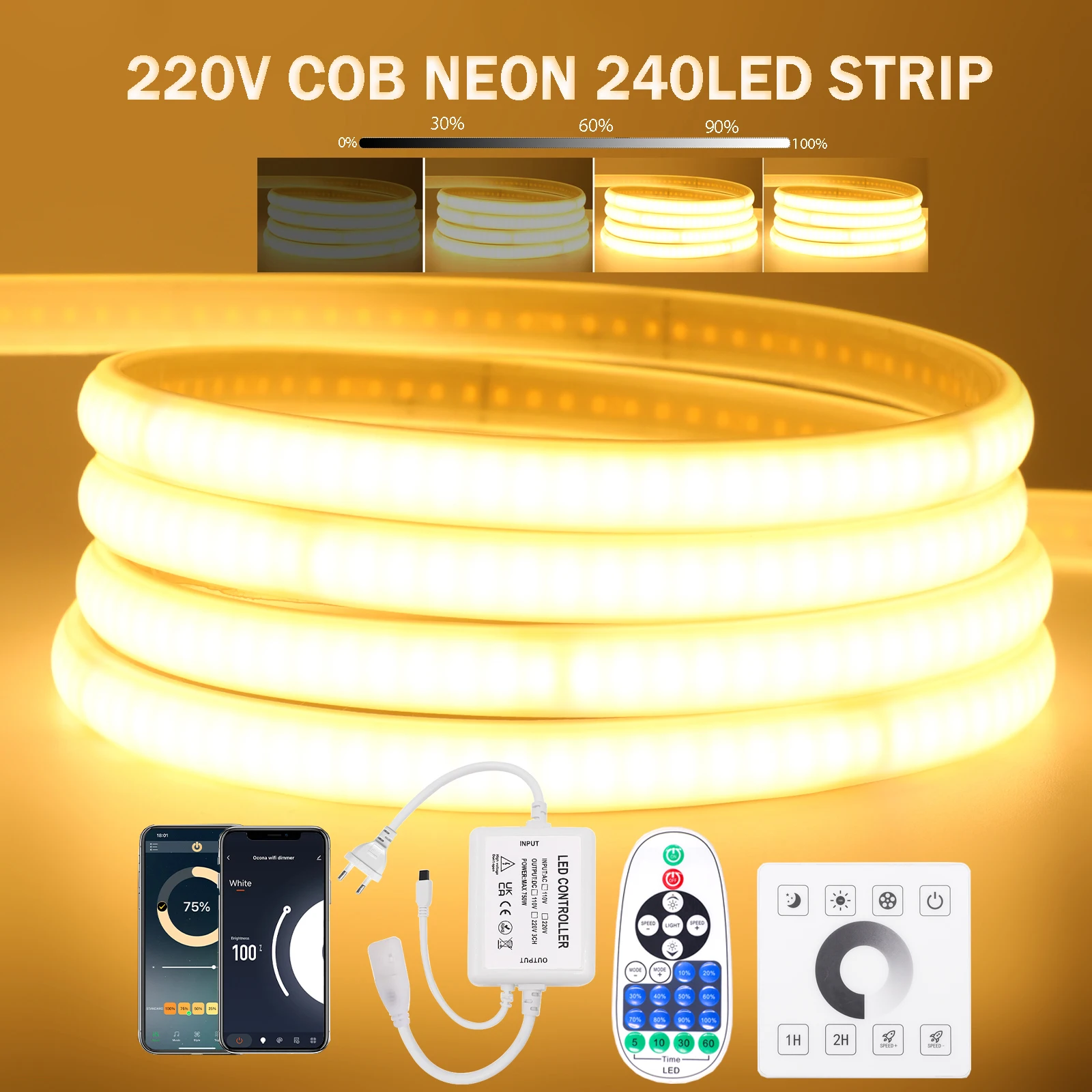 

WiFi Bluetooth APP Dimmable COB LED Strip Light 220V 240LEDs/m Waterproof Neon Strip COB Linear Lights 3000K Flexible Ribbon