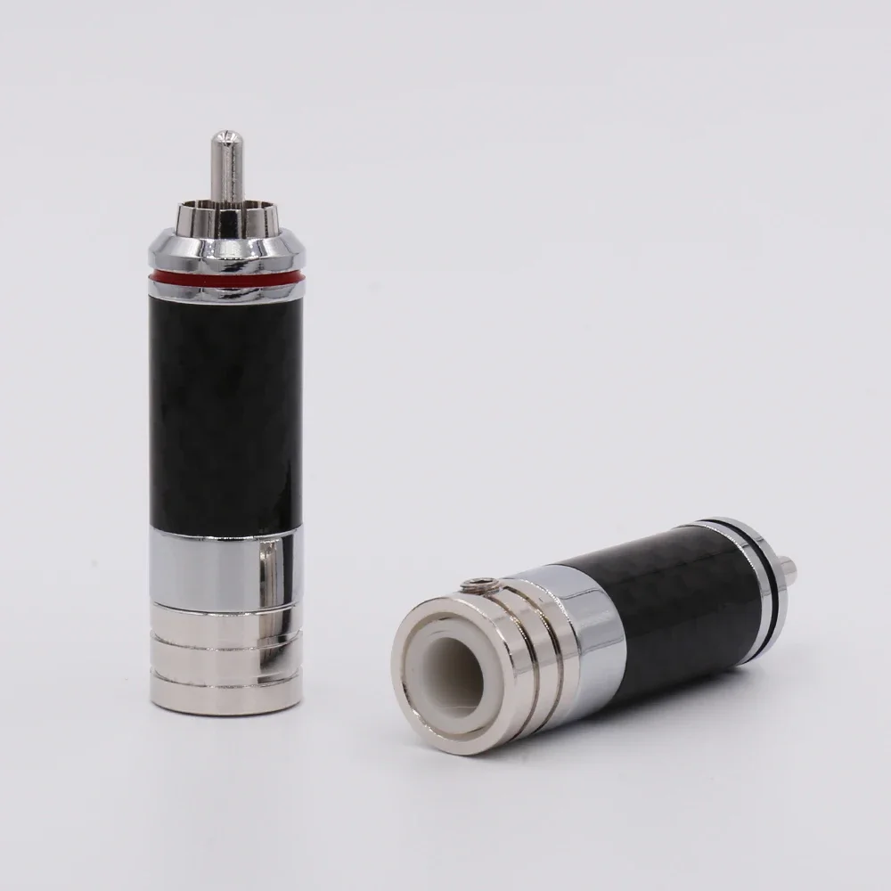 Fiche de connecteur RCA en fibre de carbone plaquée cuivre rhodium, sans soudure, 4 pièces