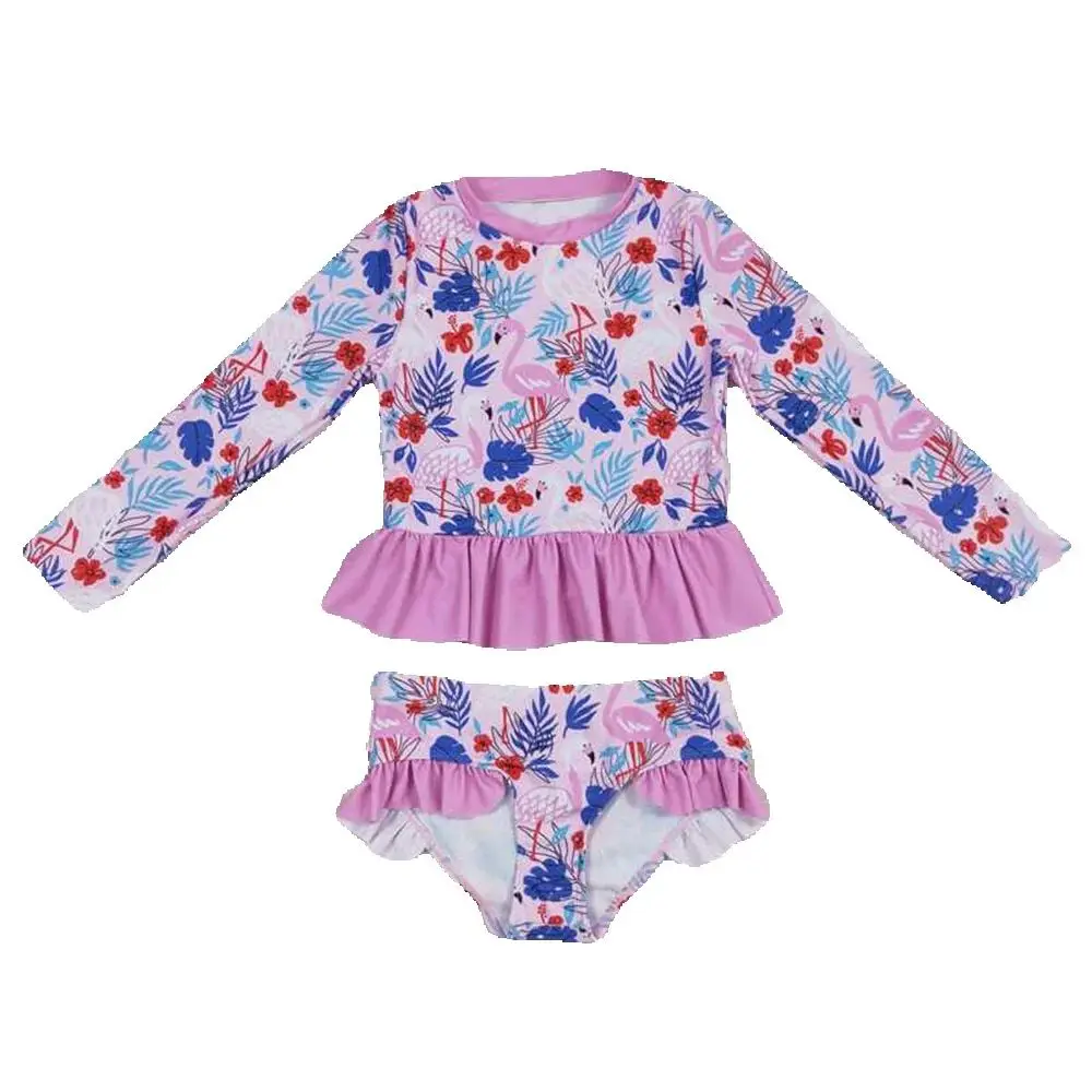 

Baby Girls Summer Swim Baby Girls Pink Flamingo Long Sleeve Swimsuit Top with Bummie - Cute Poolwear for Little Ones