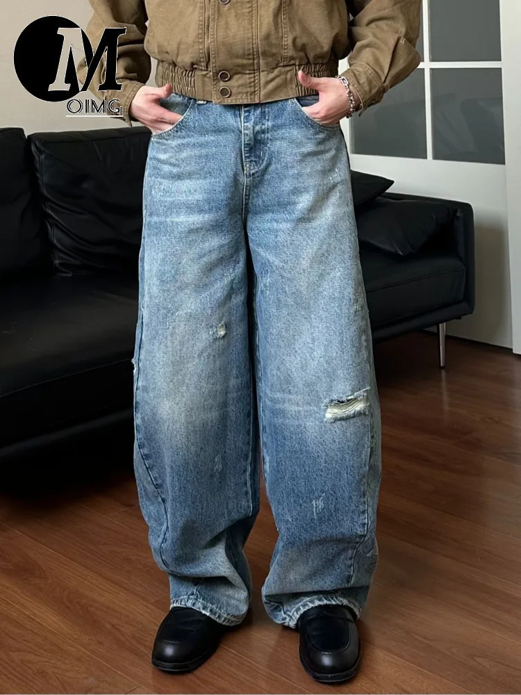 Autumn American Dad Ripped Hole Loose Curved Knife Version Wide Leg Jeans For Men And Women