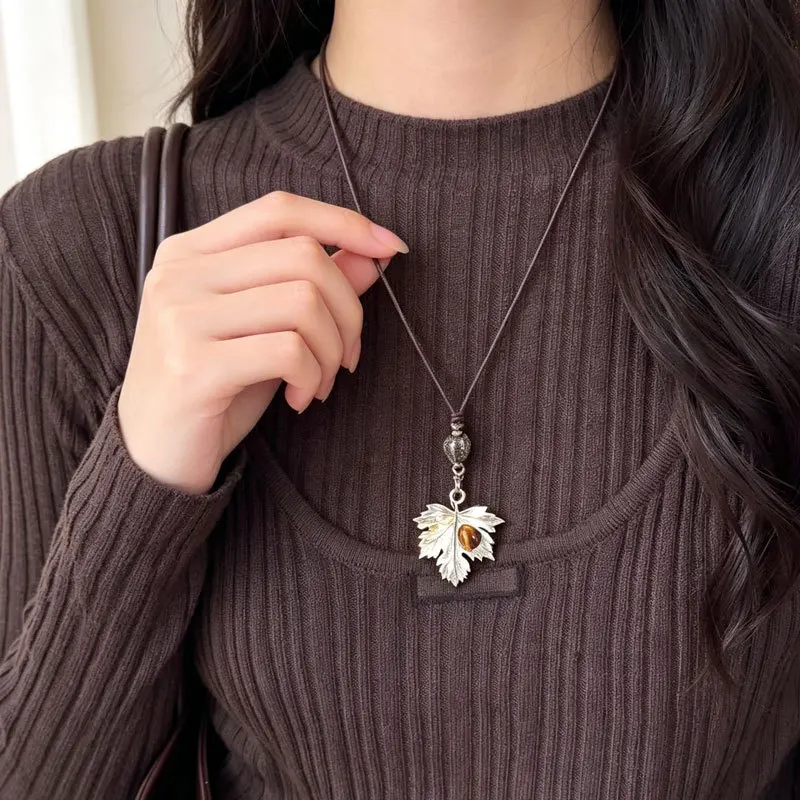 Vintage Leather Brown Stone Pendant Necklace Women's Retro Stacking Choker Temperament Clavicle Chain Hip Hop Jewelry Accessory