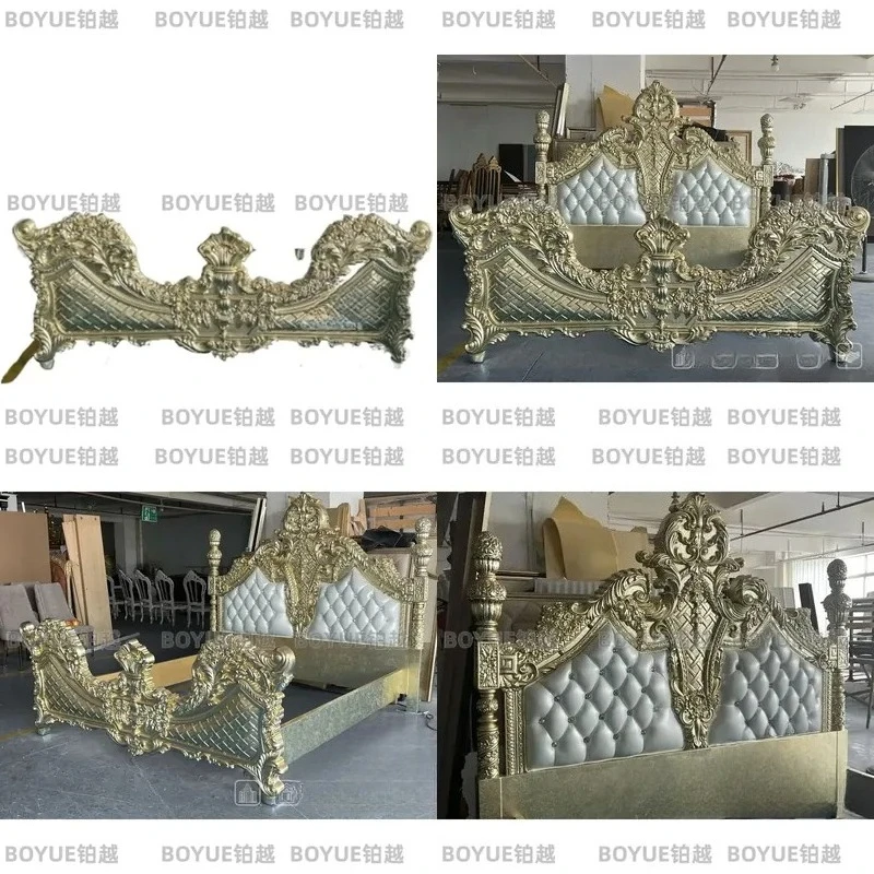 Luxury French Court Style Solid Wood Double Bed Hand Carved Champagne Gold Frame High End Villa Bedroom Furniture Elegant