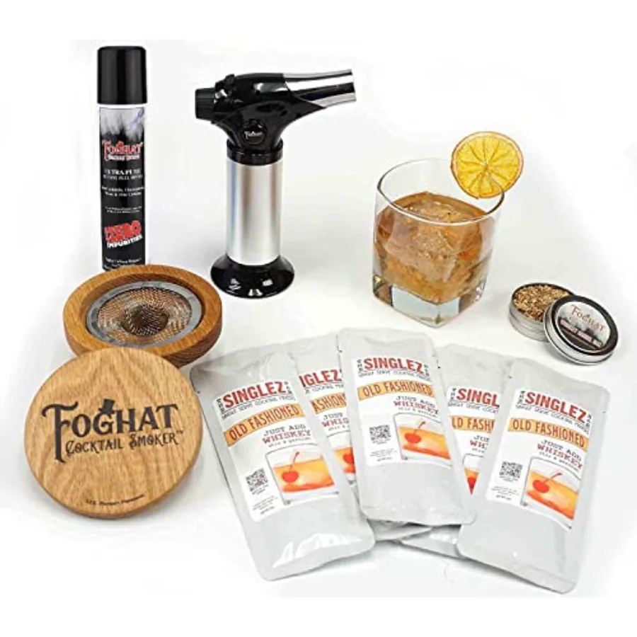 

The and Old Fashioned Smoked Cocktail Kit with Torch and Butane Refill - Bourbon Barrel Oak Wood Chips and 5 Singlez Bar Old Fa