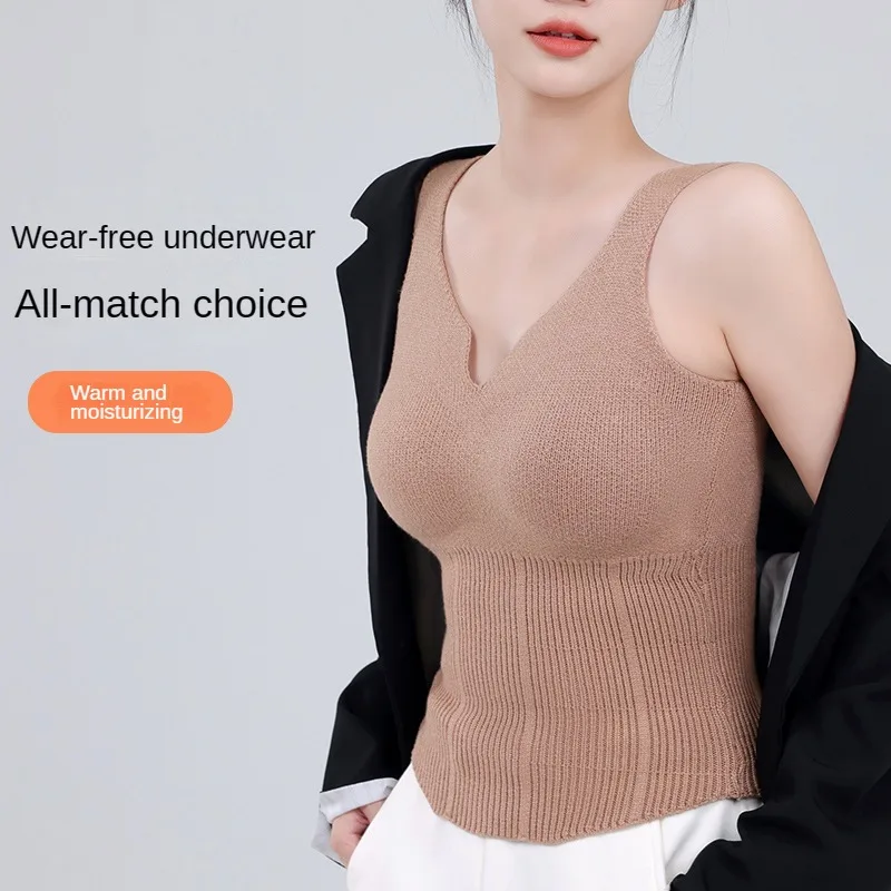 المرأة الحياكة العميق الخامس الرقبة بروتيل ، قمة مثير ، مريحة و لينة الملابس الداخلية ، الدفء بروتيل مع بنيت في الصدرية ، والأزياء
