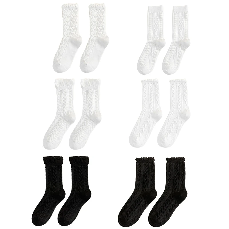 

Women Girls Cotton Socks College Twist Knit Wavy Striped Patterned Ruffle Trim Black White Tube Hosiery