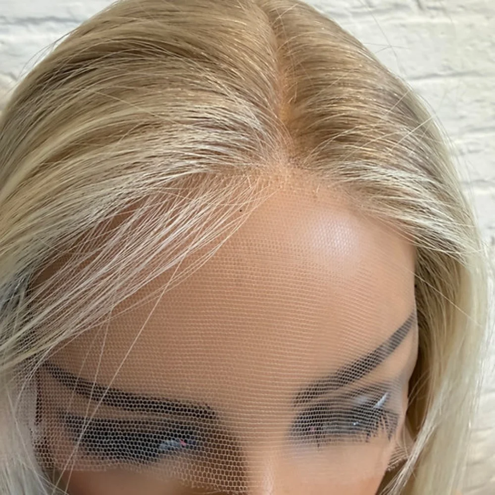 Synthetic Lace Front Wig Natural Wave 12 Inch Short Middle Part Lace Front Wigs For Women Ombre Platinum Blonde Daily Use Wig