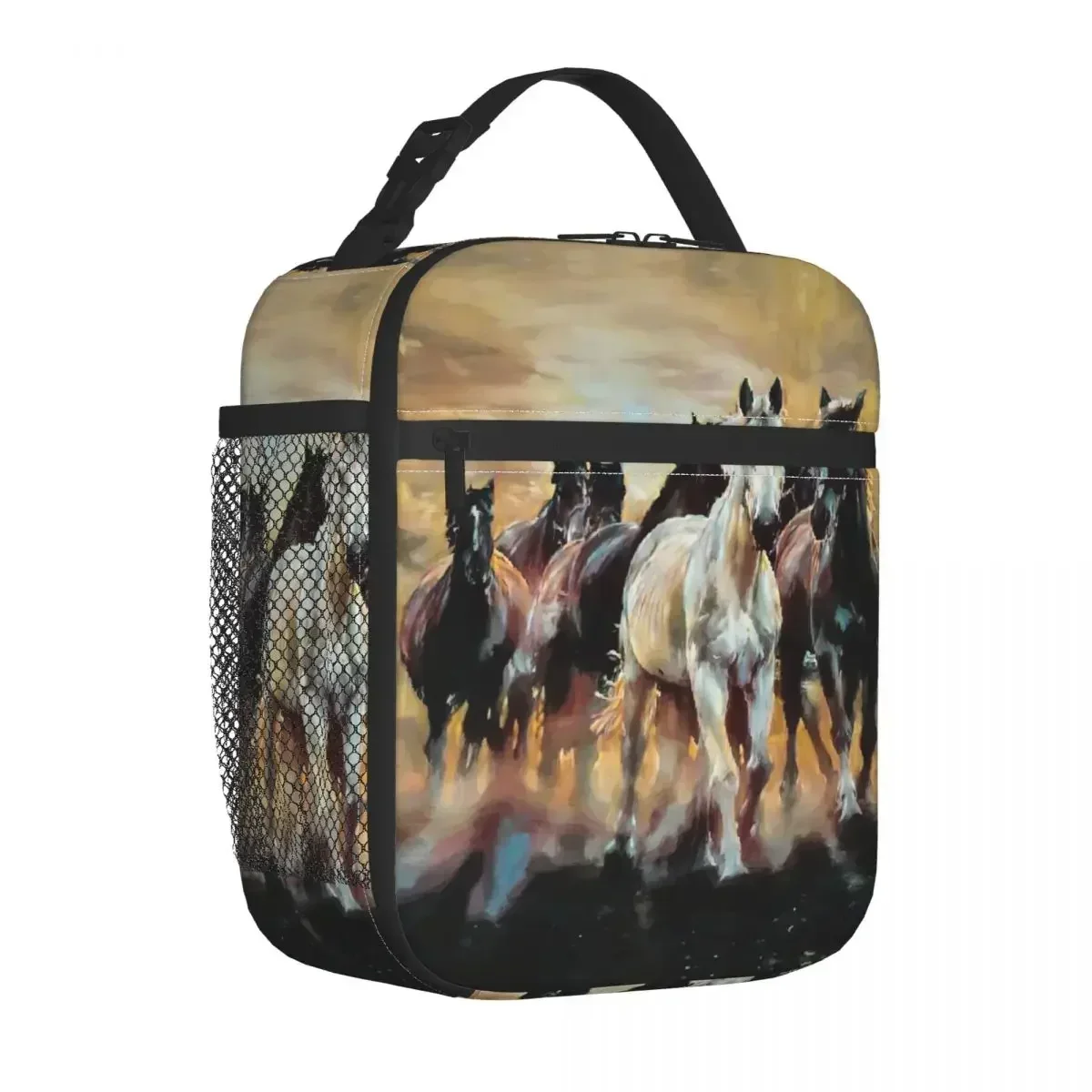 Dibujo artístico de caballos árabes, bolsas de almuerzo aisladas, caja de comida, refrigerador portátil, caja térmica Bento para oficina