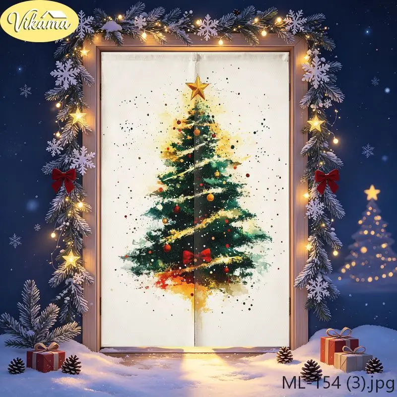 VIKAMA Christmas Watercolor Santa Face Door Curtain Claus Big Beard Colorful Ornament Holly Art Holiday Linen Noren Bedroom Soft
