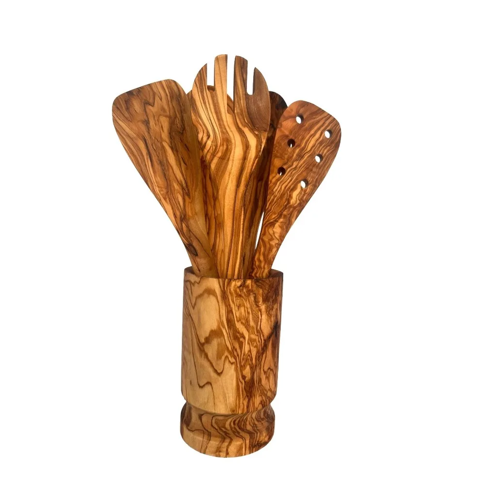 

Olive Wood Kitchen Servers Set w/Holder -6 Pcs