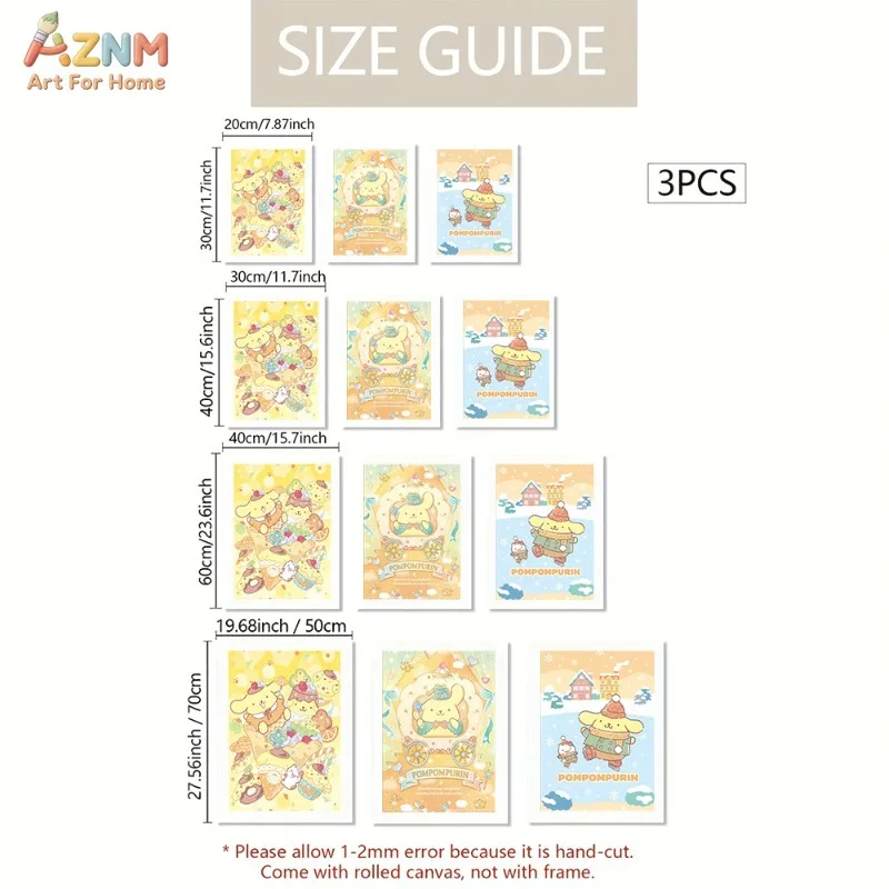 AZNM Unframed Canvas Wall Art Pompompurin Winter Dessert Carriage Style Sanrio Cartoon Poster Warm Yellow Print Girls Bedroom