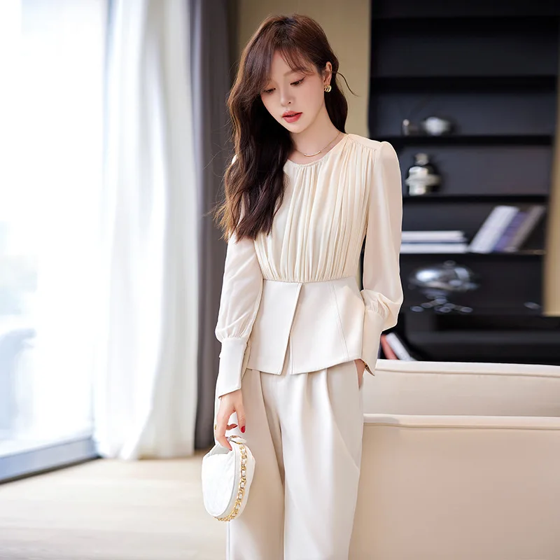 White Chiffon Blouses for Women2024New Long-Sleeved Clothing for Spring Commuter Workwear Elegant Outfit Top Shirt Spring