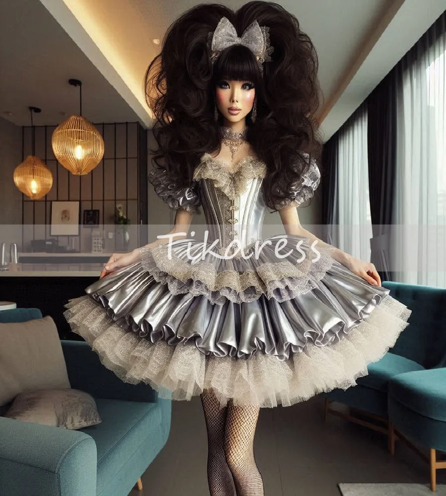 

Gorgeous Gothic Lolita Maid Evening Dress 2025 Short Sleeve Frilly Cosplay Prom Dress Tiered Ruffles Homecoming PartyCustomized