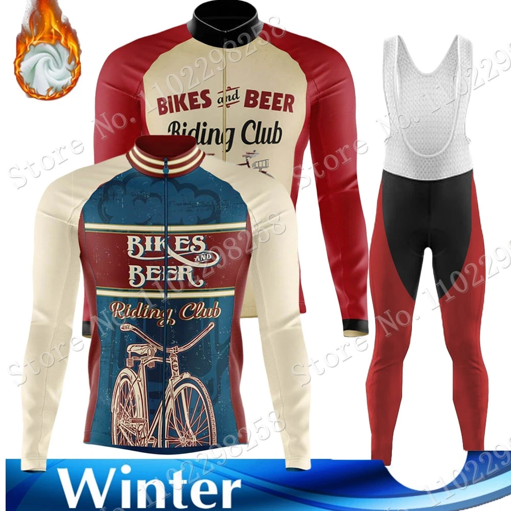 Winter Beer Riding Club Vintage 2023 Cycling Jersey Set Thermal Fleece Retro Clothing Long Sleeve Road Pants Bib Bike Suit MTB