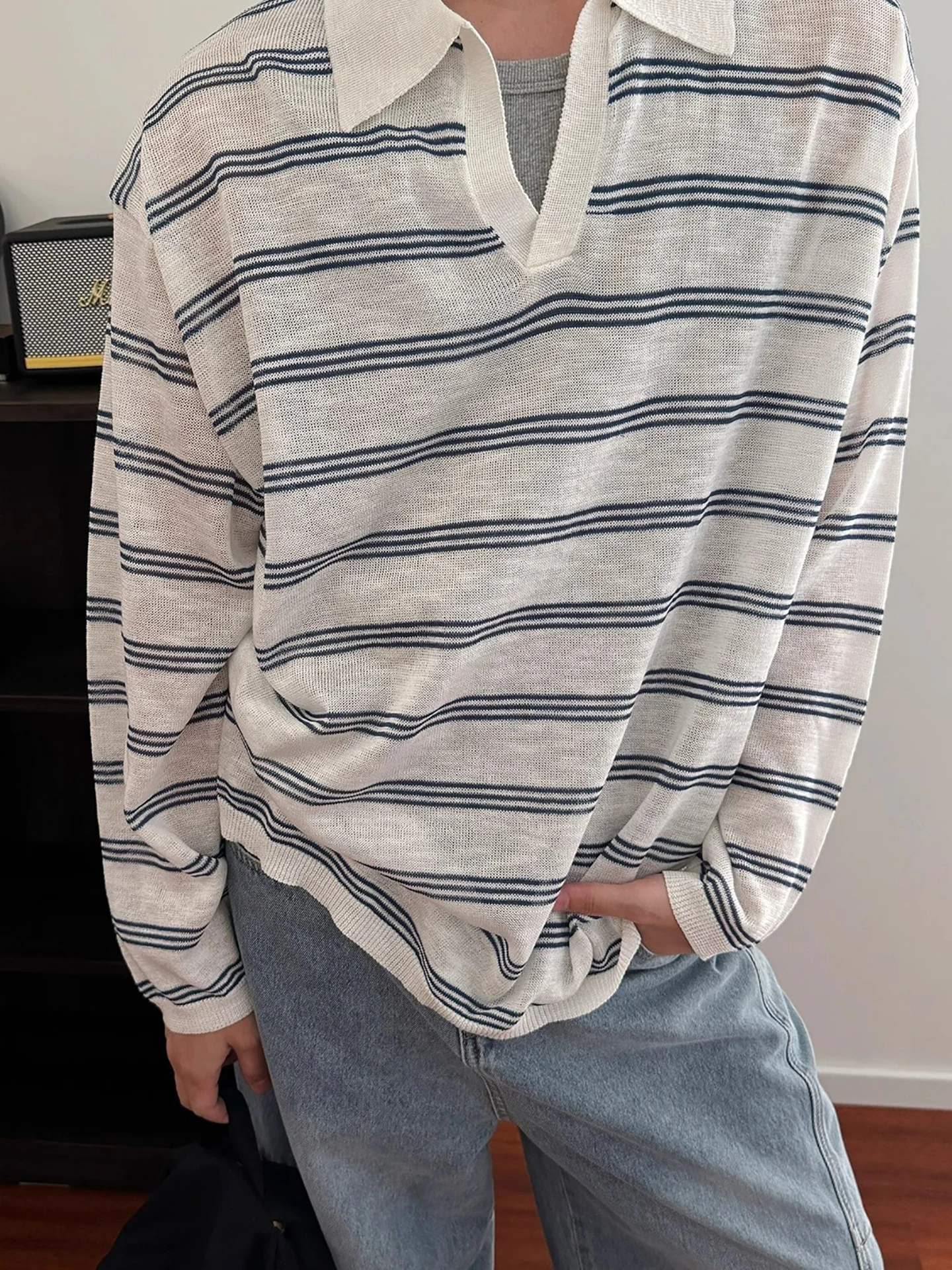 

Loose Fit V-Ne Striped irt Long Sve Knitted Spor Top for Men Casual Wear Comfortable Breathable Boting T-irt