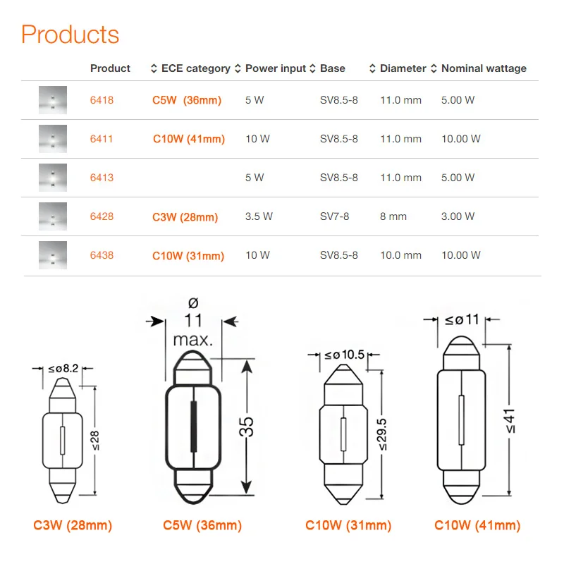 Car Signal Lamp C3W C5W C10W 12V SV7-8 6411 64238 6428 6418 12844 Reading light Interior License plate OSRAM Halogen Bulbs