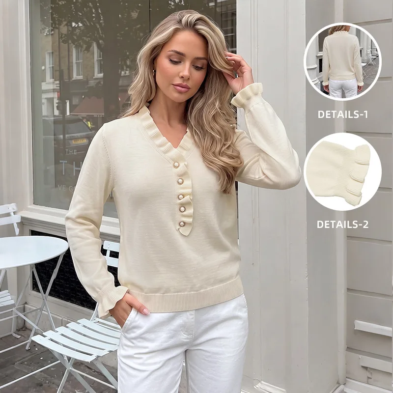 Women Knitted Pullovers Sweaters Solid Jumper Ruffle Trim Pearl V Neck Long Sleeve Slight Strech Loose Casual 2026 Autumn Winter