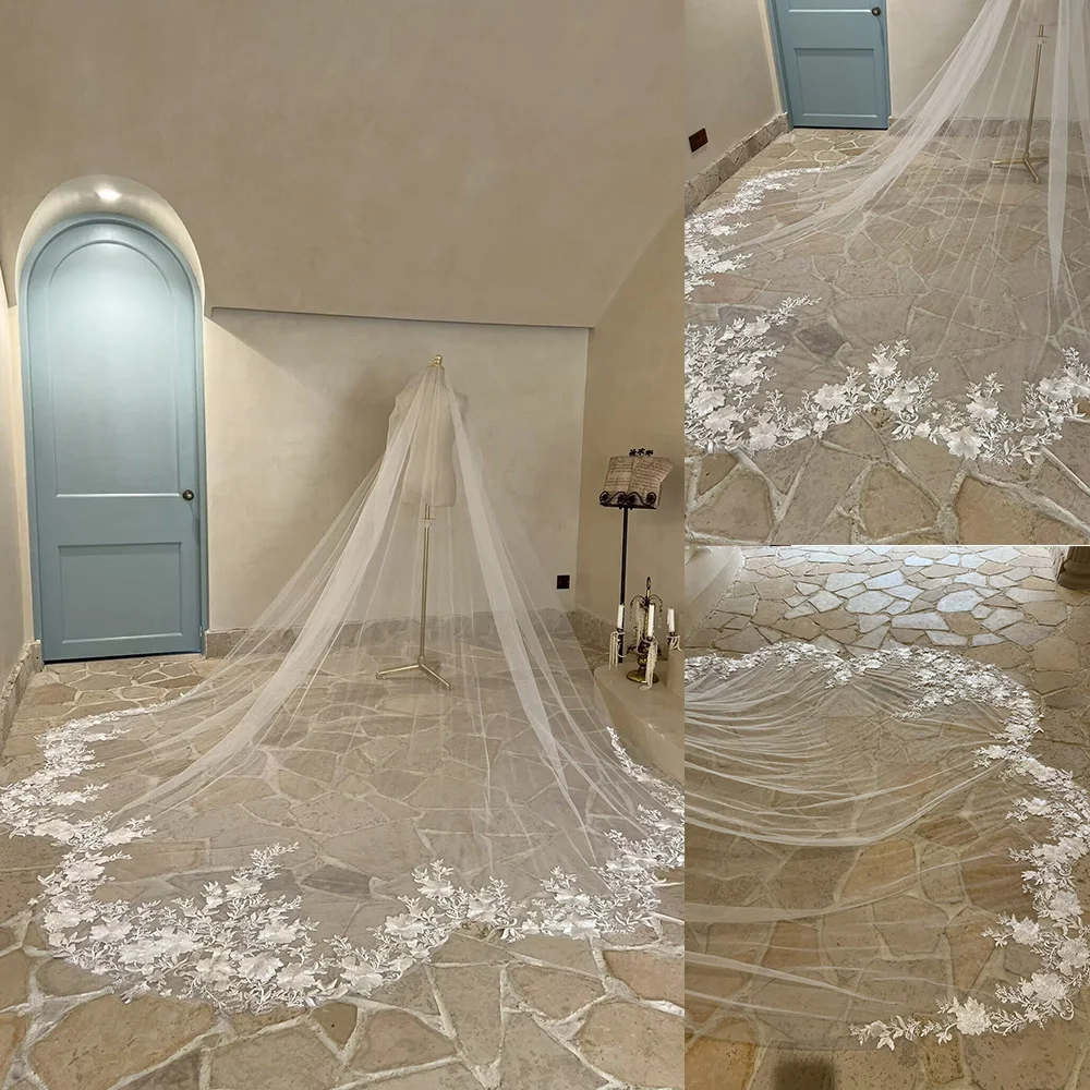 Lace Wedding Veils For Brides Cathedral Flower Shaped Edge Luxury Bridal Veil Tulle With Comb Customized White Ivory 3M