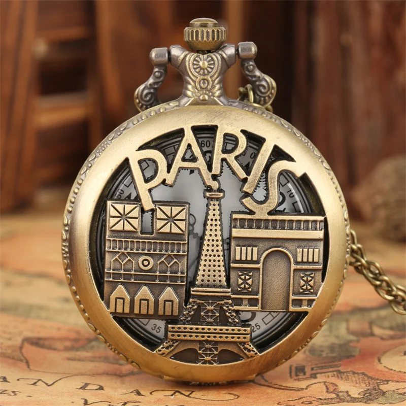 Paris City Landmark Pocket Watch Bronze Eiffel Tower Design Quartz Fob Watch with Necklace Chain French Style Souvenir Watch