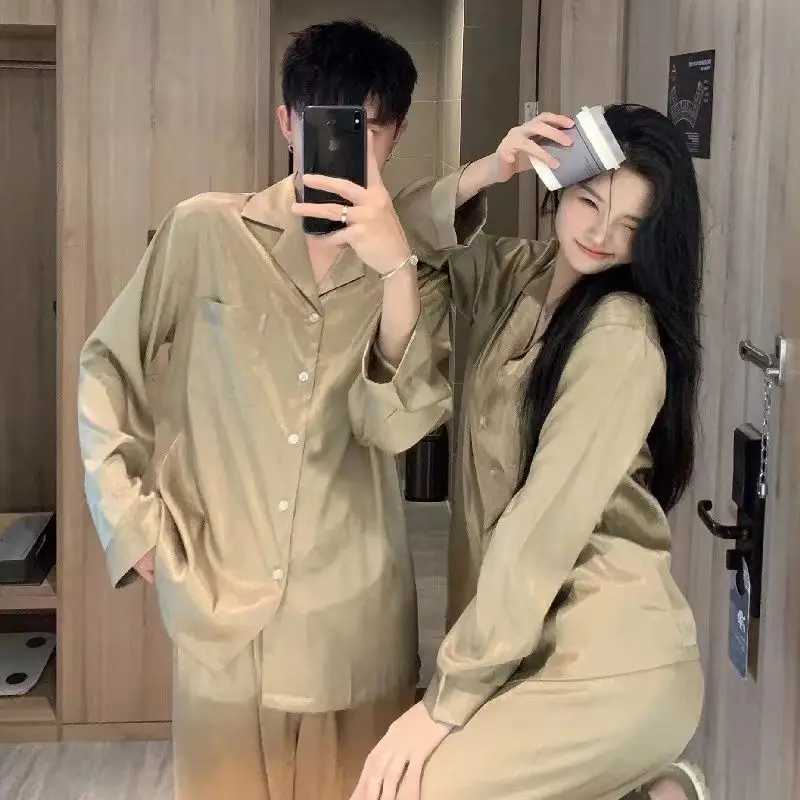 2024 New Couple Green Pyjamas Sets Ladies Long Sleeve Fashion Casual Sleepwear Pajamas Set Men Turn-down Collar and Button Home