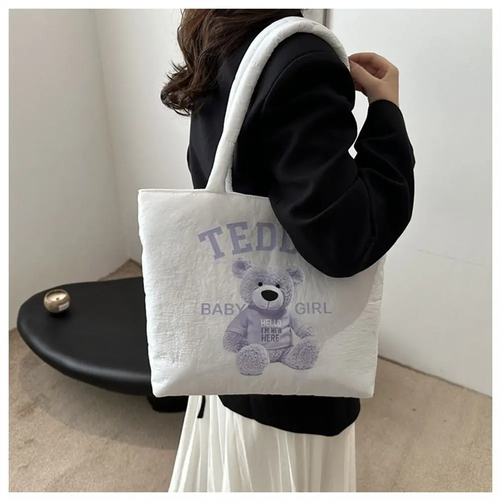 Casual Down Cotton Padded Shoulder Bags Lightweight Large Capacity Quilted Totes Cute Cartoon Shopping Bag for Women Girls