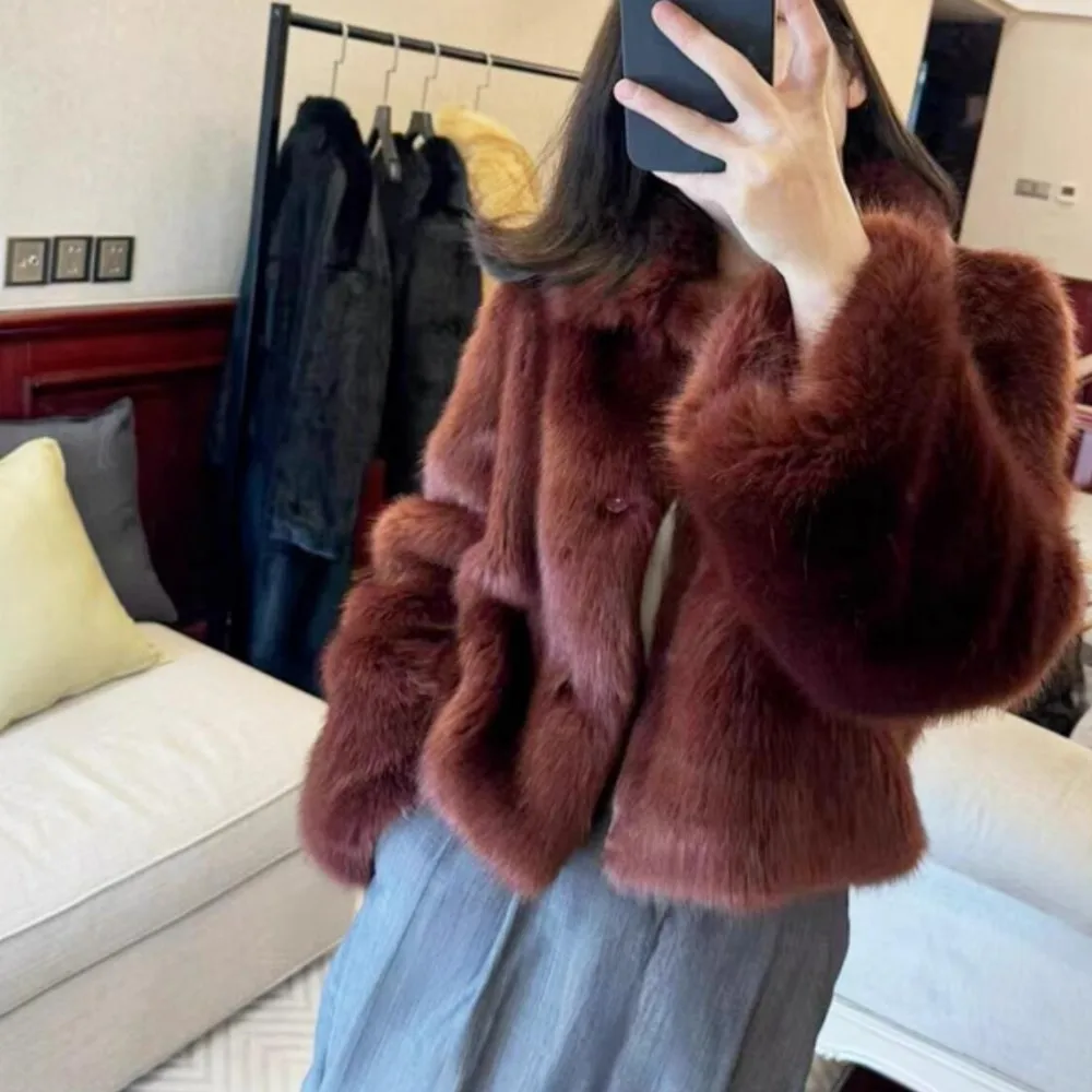 Winter Brown red Turn down Collar Lapel Hairy Shaggy Soft Faux Fur Coat Women Full Sleeve Furry Warm Jacket Short Outerwear