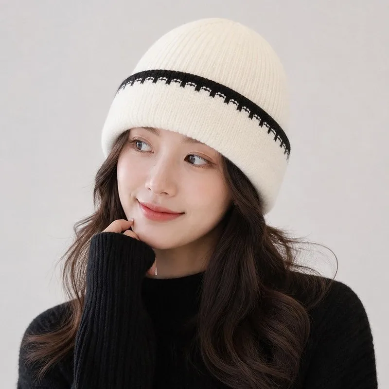 korean style minimalist college style patchwork color block knitted hat women autumn winter warm ear covering beanie men knitted