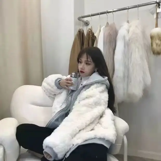 Fur Jacket Autumn and Winter New Korean Version Loose Casual Versatile Imitation Lamb Wool Hooded Fake Two-piece SetThick Hoodie
