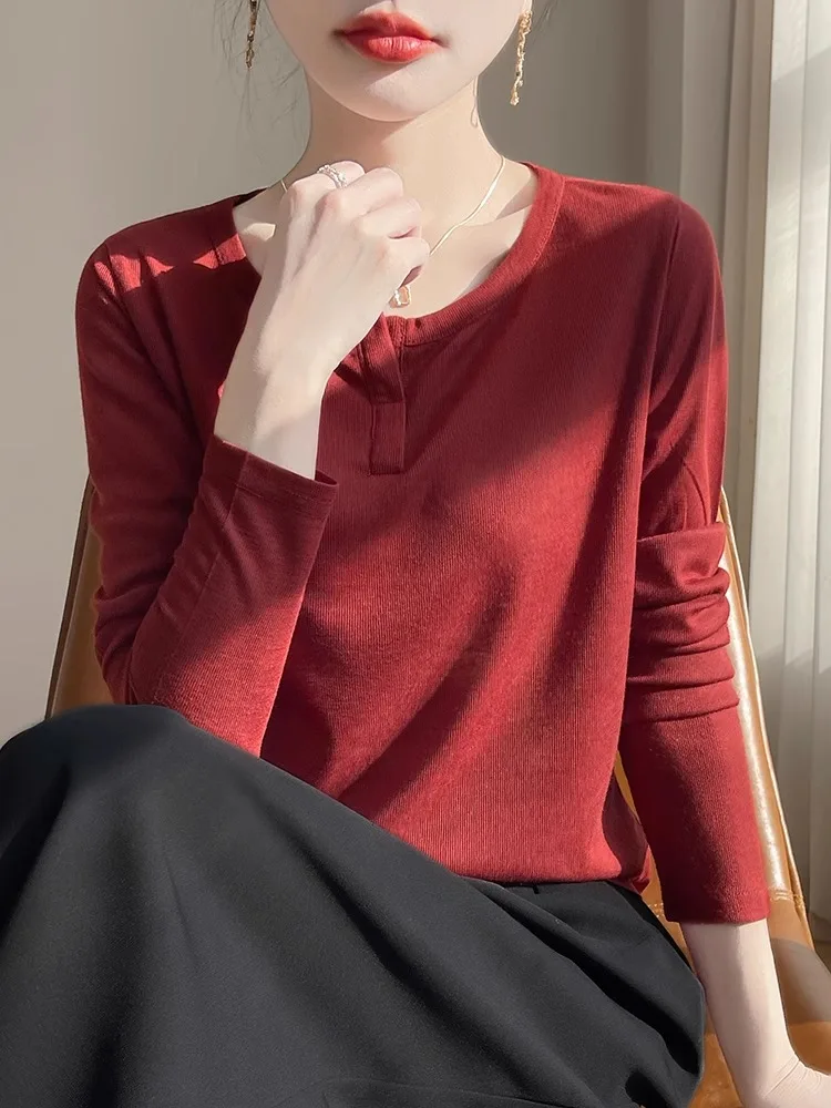 

Faionable Silk Blend Long Sve Bla футболка женская весна осень новый свободный крой круглый вязаный топ