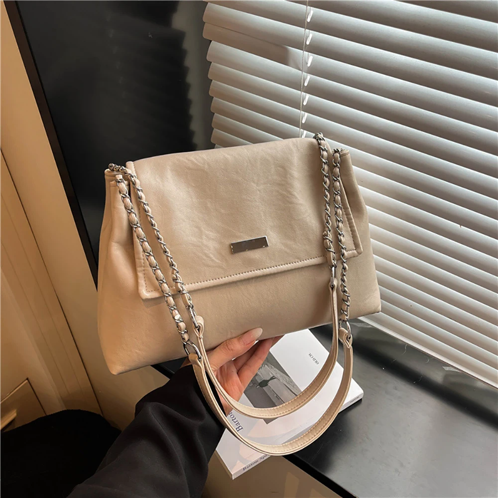 High Grade Vintage Chain Shoulder Bag for Women Soft Glossy PU Leather Solid Color Underarm Bags Daily Commuter Handbags