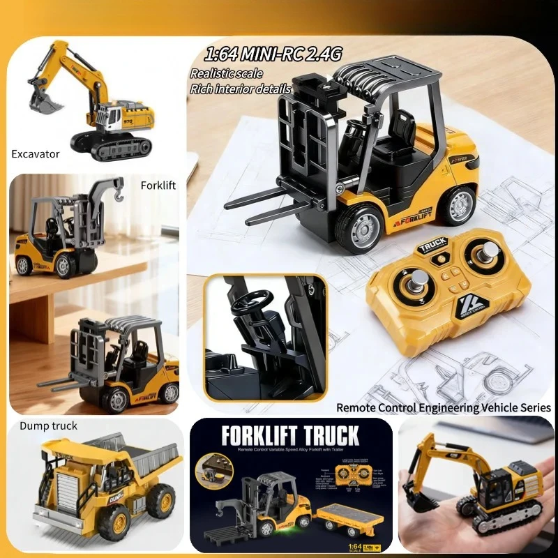 1:64 2.4G RC Mini Forklift Excavator with Trailer Alloy Construction Vehicle Remote Control Engineering Toy for Kids as a gift