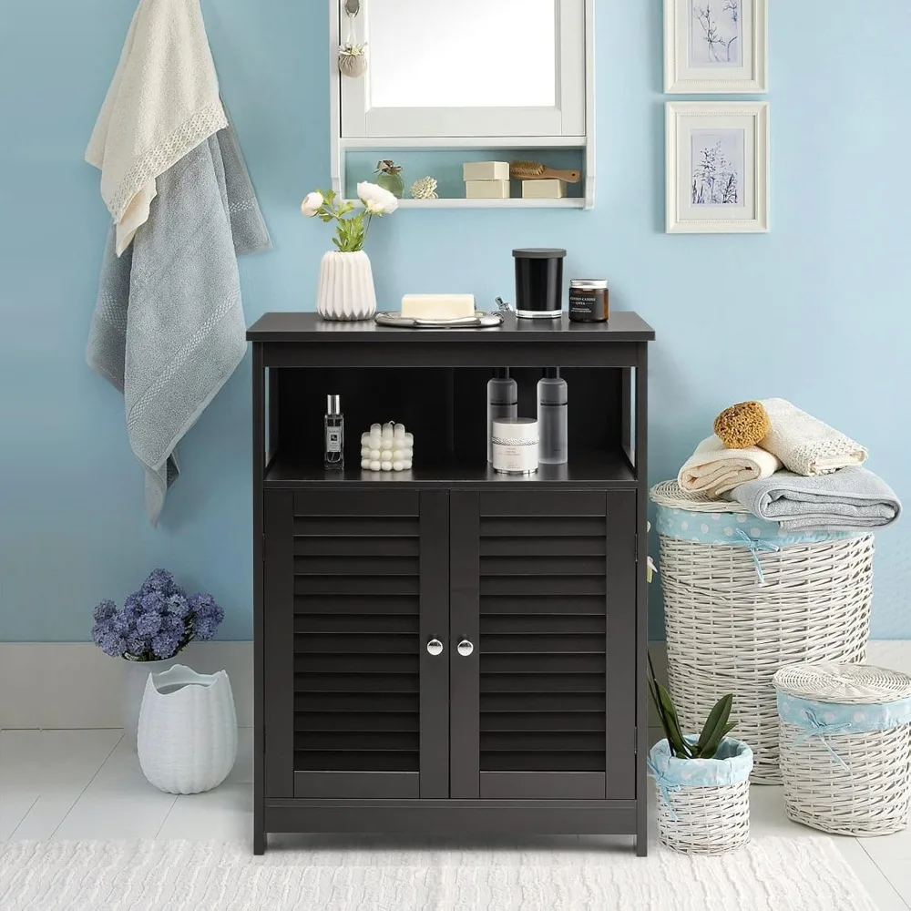 

Bathroom Floor Cabinet, Wooden Freestanding Storage Cabinet with Double Shutter Door & Adjustable Shelf, Storage Cabinet for Ba