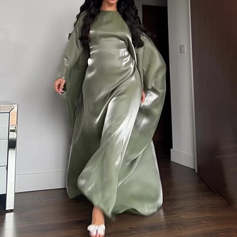 Women's Casual Batwing Sleeve Solid Long Dresses Fashion High Waist Loose Party Dress Elegant O-neck Commuter Satin Robe Dresses