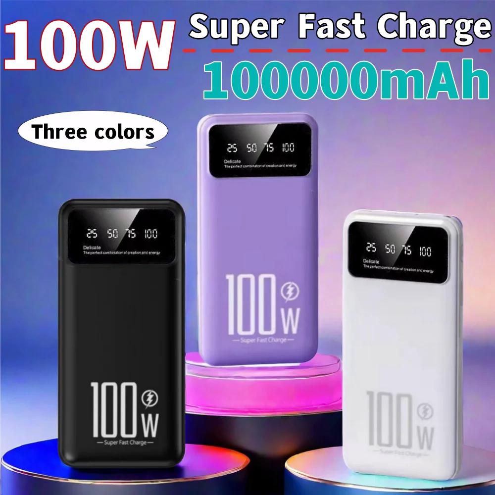 Power Bank 100w 100000mah Super Fast Charging With LED Lighting Portable External Power  For Iphone15 14 Samsung Xiaomi