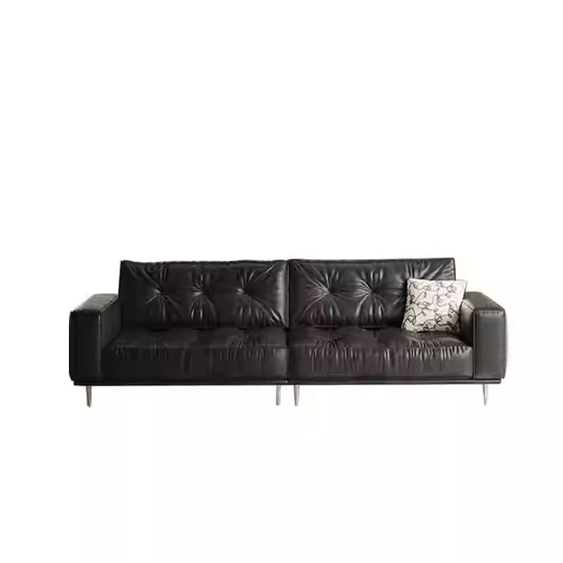 

#Mid Century Oil Wax Retro Genuine Leather Sofa Top Grain Cowhide Living Room Small Space Designer French Sofa Set