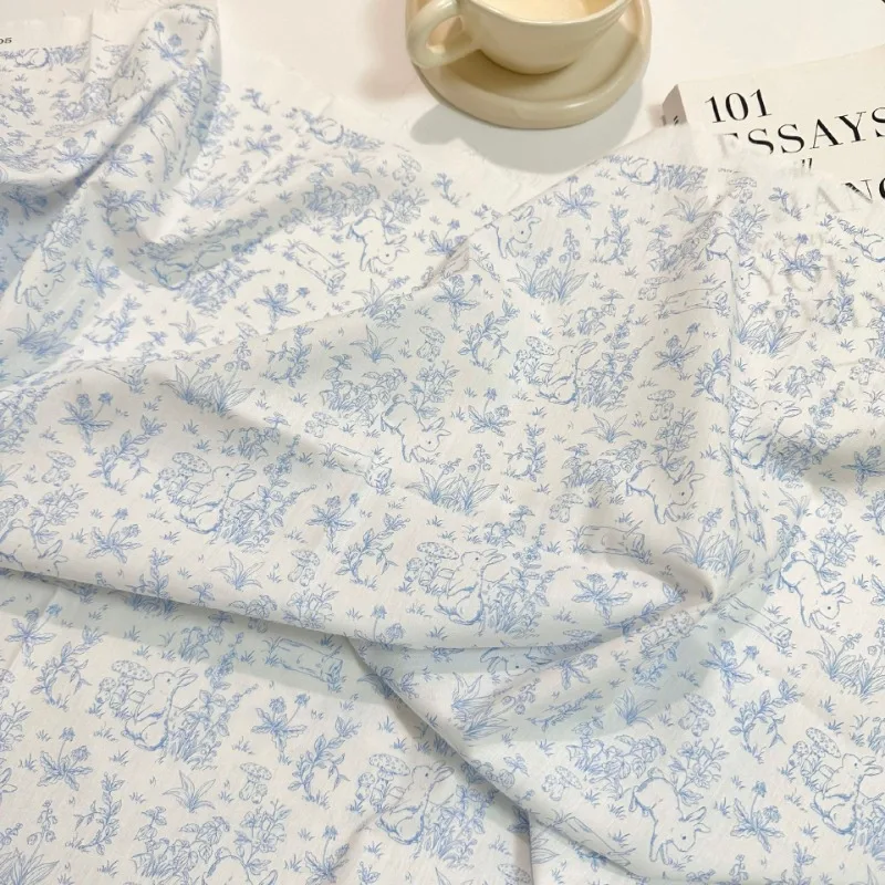 0.5/1/2 Yard 100% Cotton Fabric Artistic Rabbit and Floral Design Print for DIY Clothing,Homewear,Bedding, Tablecloths, Curtains