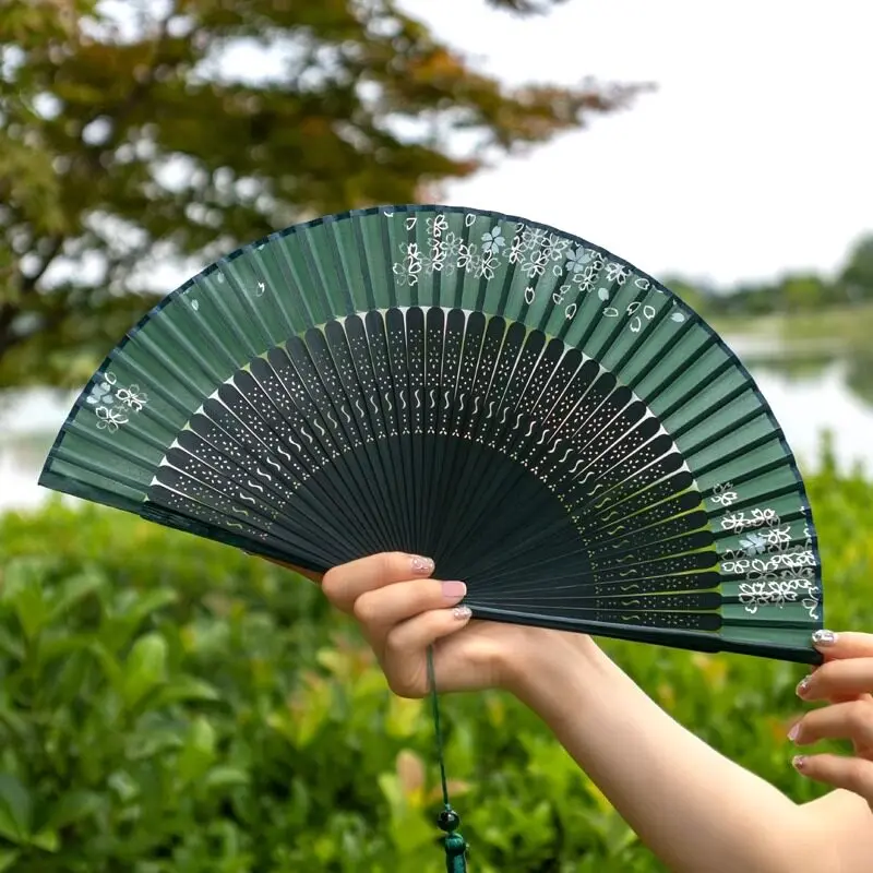 Bamboo Folding Fan with Large Tassel Portable Summer Cooling Daily Fan for Women Cheongsam Dance Performance Small Lightweight