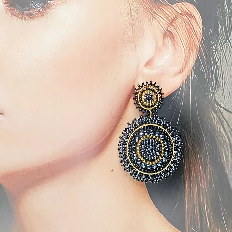 Bohemia Rice bead earrings Circle Black Crystal Hand weaving Alloy Retro Female Ethnic style Beaded earrings Personality