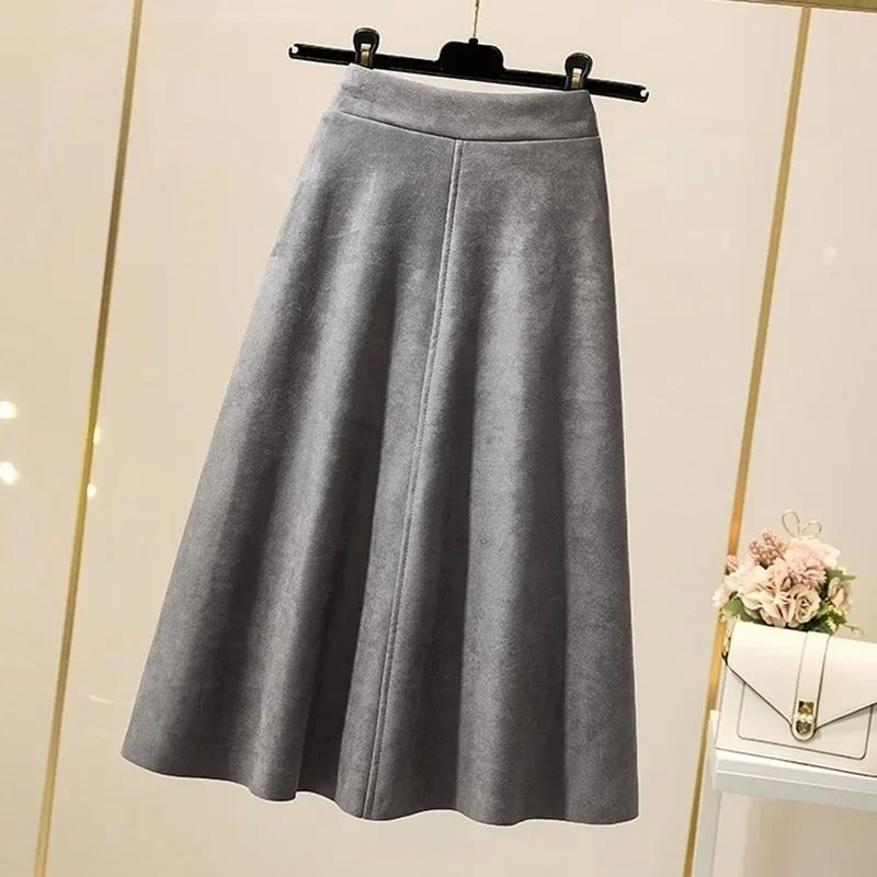 Vinatge Faux Suede Skirt for Women Autumn Winter A Line High Waist Skirts Woman Solid Color Knee Length Skirt Female