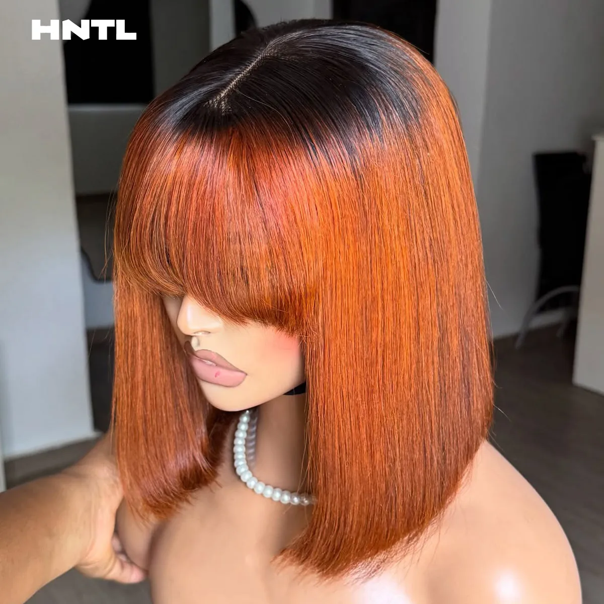 

Super Double Drawn Wear and Go Glueless Fringe Wig 100% Human Hair Ombre Drak Orange 3x1 Lace Closure Bob Wig with Bangs
